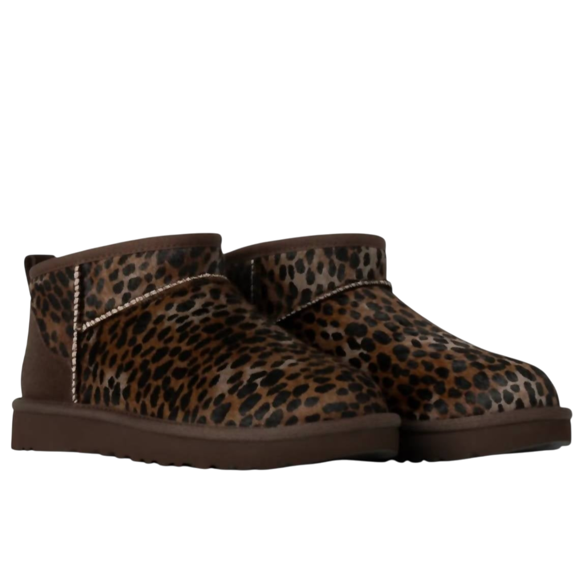 Brown leopard print ankle boots with a flat sole and rounded toes, featuring a cozy, slip-on design.