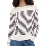 Striped long-sleeve sweater in cream and black, paired with blue jeans.