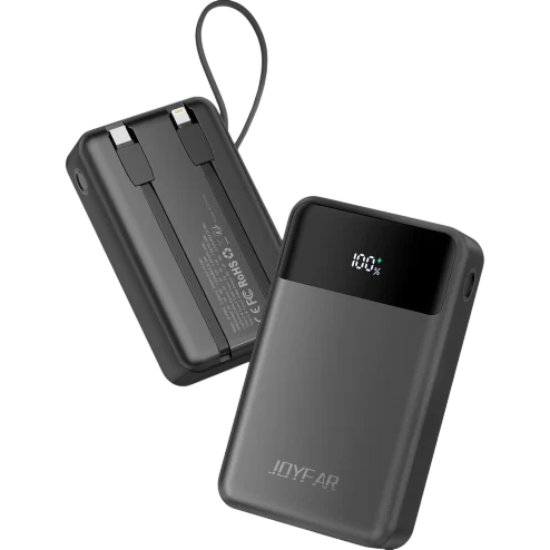 Portable power bank with a digital display showing charge level and built-in cables for charging devices.