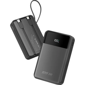 Portable power bank with a digital display showing charge level and built-in cables for charging devices.