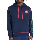 A navy blue hoodie with red drawstrings and stitching, featuring a Nike logo on the chest and \“Just Do It.\“ text on the sleeve in green.