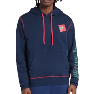 A navy blue hoodie with red drawstrings and stitching, featuring a Nike logo on the chest and \“Just Do It.\“ text on the sleeve in green.