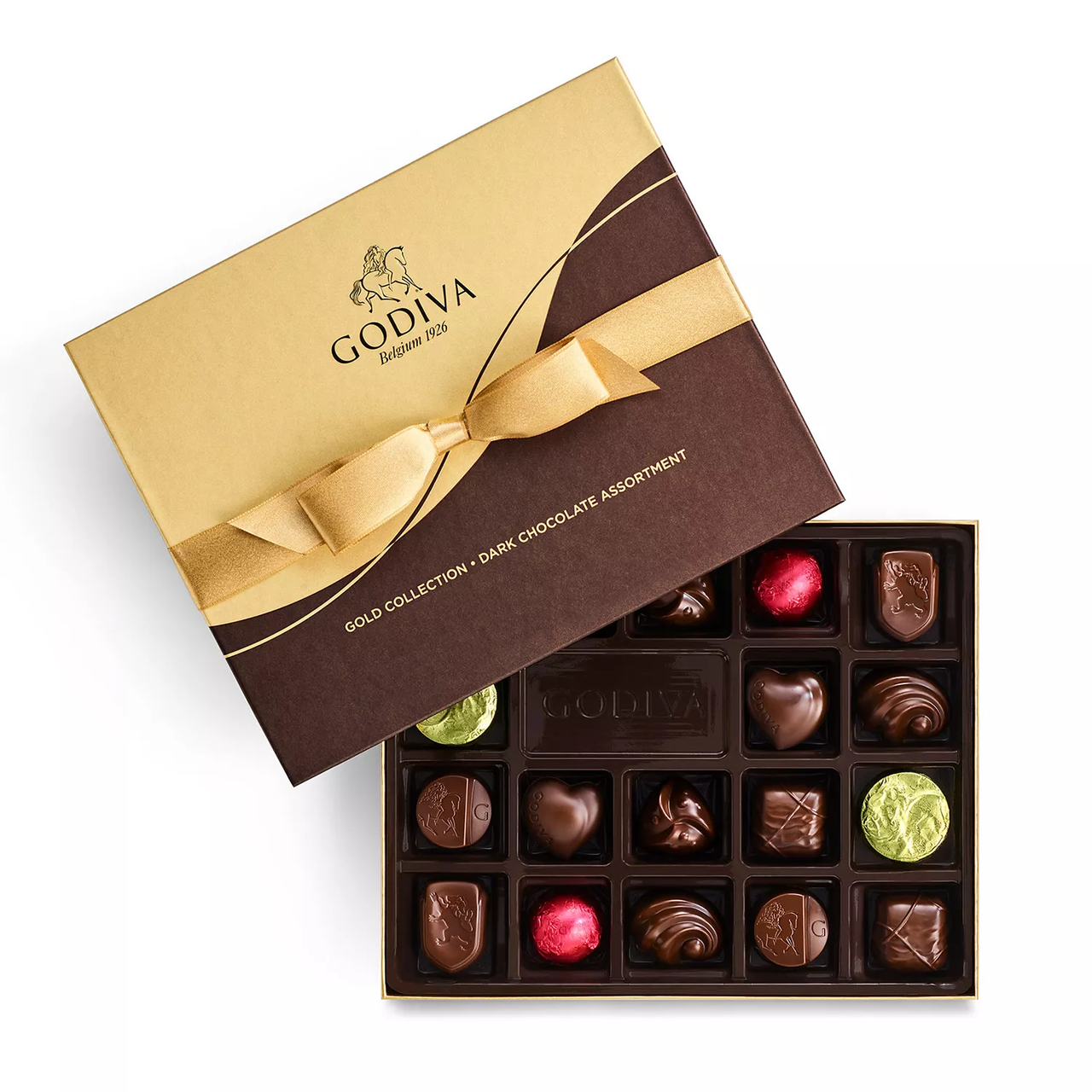 Godiva Gold Collection Dark Chocolate Assortment featuring an elegant box with a gold ribbon, containing a variety of gourmet dark chocolates, some wrapped in colorful foil.