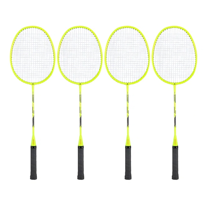 Set of four bright yellow badminton rackets with black grips, featuring oval-shaped heads and thin shafts.
