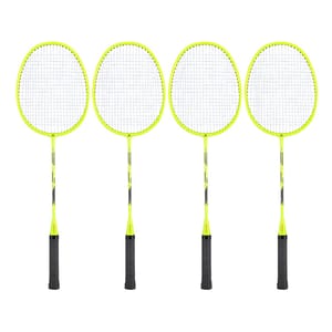Set of four bright yellow badminton rackets with black grips, featuring oval-shaped heads and thin shafts.