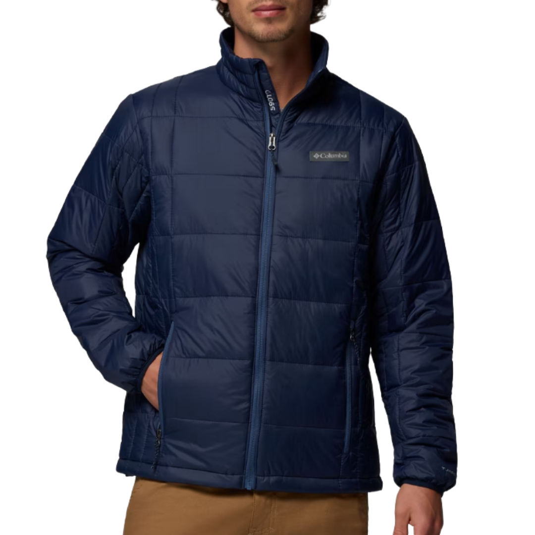 A blue quilted jacket with a zip-up front, featuring Columbia branding on the chest, and two side pockets.