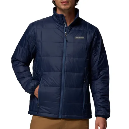 A blue quilted jacket with a zip-up front, featuring Columbia branding on the chest, and two side pockets.