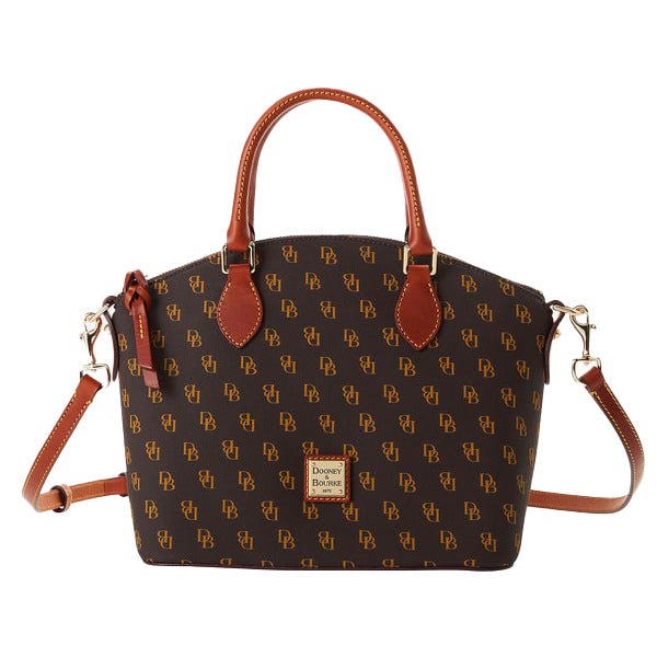 A Dooney & Bourke handbag featuring a brown monogrammed pattern with \“DB\“ lettering, brown leather handles, and an adjustable shoulder strap.