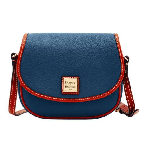 A blue leather crossbody bag with red trim and a gold label displaying \“Dooney & Bourke\“ on the front flap.