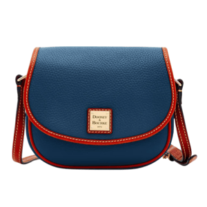 A blue leather crossbody bag with red trim and a gold label displaying \“Dooney & Bourke\“ on the front flap.