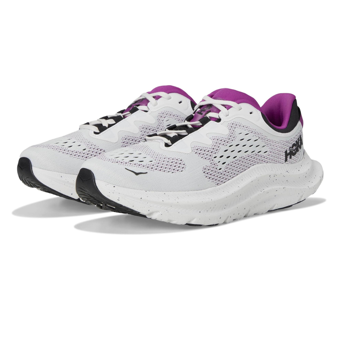 Hoka Kawana 2 shoes feature a white mesh upper with purple accents, black detailing, and a cushioned sole designed for comfort.