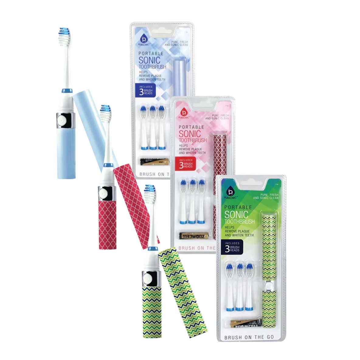 3pk Portable Sonic Electric Toothbrushes with replaceable heads, available in blue, red, and green patterned cases. Each set includes three brush heads.