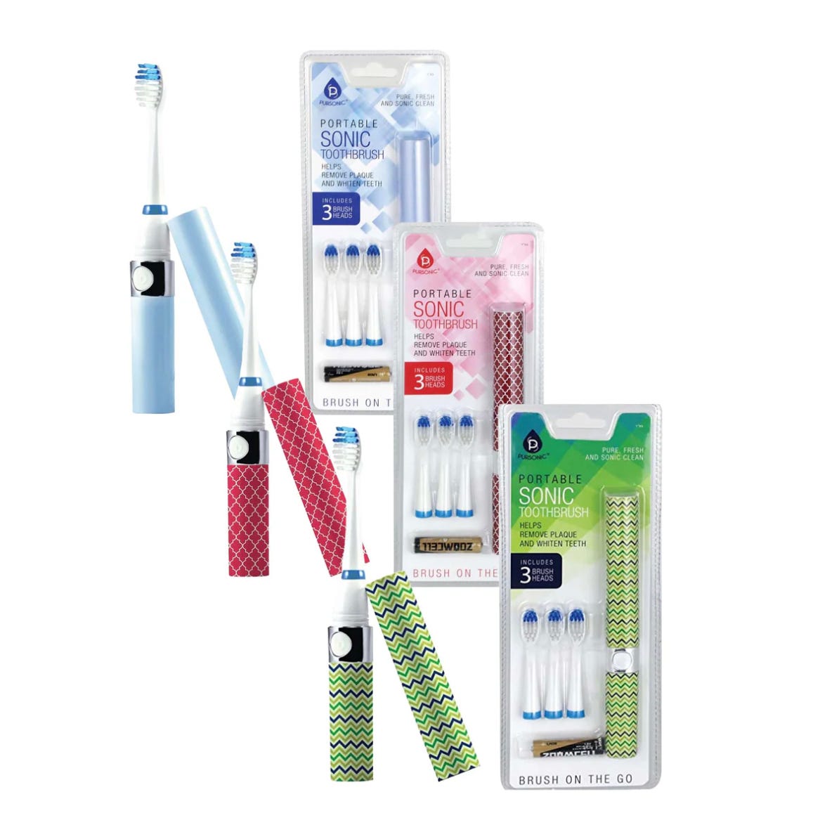 3pk Portable Sonic Electric Toothbrushes with replaceable heads, available in blue, red, and green patterned cases. Each set includes three brush heads.