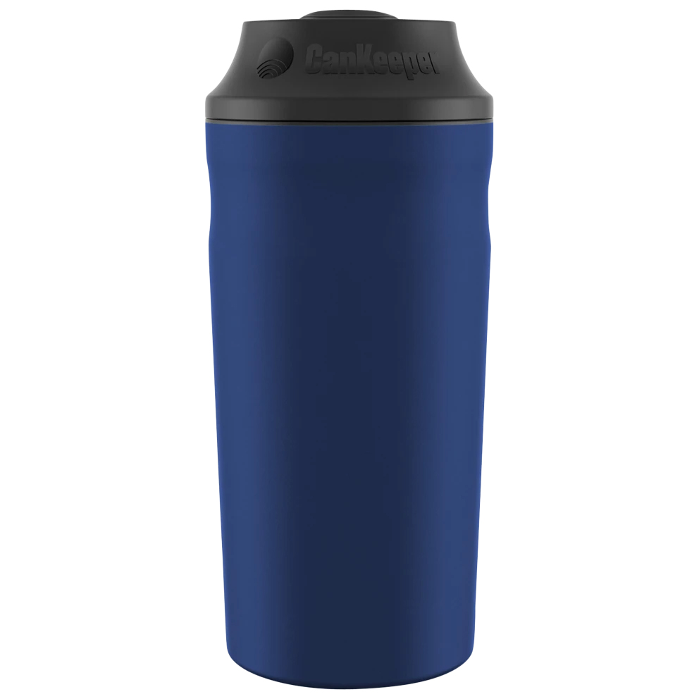 A blue 3-in-1 Can Insulator with a black lid designed to fit standard 12 oz cans, tall 12 oz cans, and 12 oz bottles, keeping beverages cold. It features a slim, ergonomic design with the brand name printed on the lid.