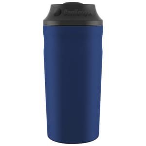 A blue 3-in-1 Can Insulator with a black lid designed to fit standard 12 oz cans, tall 12 oz cans, and 12 oz bottles, keeping beverages cold. It features a slim, ergonomic design with the brand name printed on the lid.
