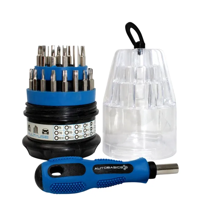 A multi-use screwdriver set with interchangeable bits in a blue and black handle, accompanied by a transparent storage case holding various bit sizes.