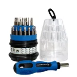 A multi-use screwdriver set with interchangeable bits in a blue and black handle, accompanied by a transparent storage case holding various bit sizes.