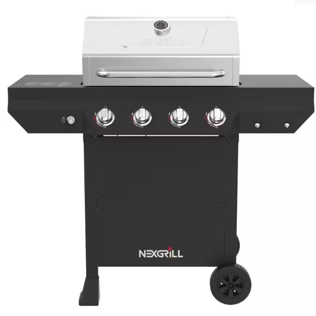 A black and silver outdoor gas grill with four control knobs, a side shelf, and two wheels for mobility.