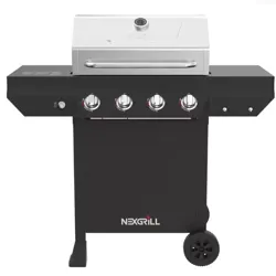 A black and silver outdoor gas grill with four control knobs, a side shelf, and two wheels for mobility.
