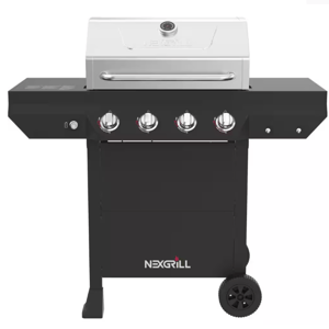 A black and silver outdoor gas grill with four control knobs, a side shelf, and two wheels for mobility.