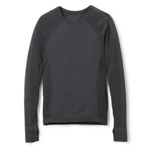 A dark gray long-sleeve performance shirt with a crew neck and thumbholes in the cuffs, designed for athletic or casual wear.