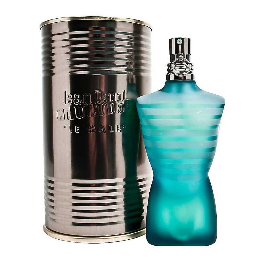 Jean Paul Gaultier Men's EDT Spray is presented in a torso-shaped bottle with a blue, striped design, accompanied by a silver cylindrical container embossed with the brand's name and \“Le Male.\“