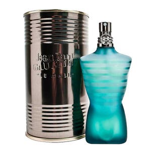 Jean Paul Gaultier Men's EDT Spray is presented in a torso-shaped bottle with a blue, striped design, accompanied by a silver cylindrical container embossed with the brand's name and \“Le Male.\“