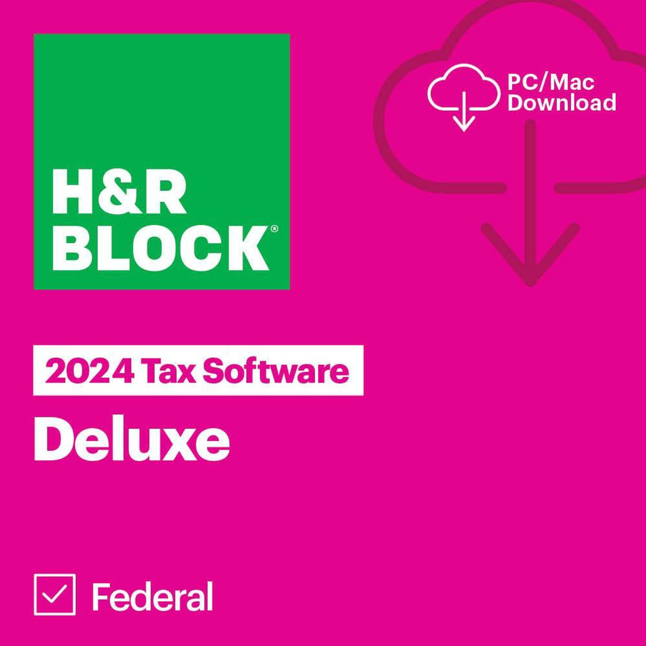 H&R Block 2024 Deluxe Tax Software for Federal, available for PC/Mac download.