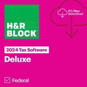 H&R Block 2024 Deluxe Tax Software for Federal, available for PC/Mac download.