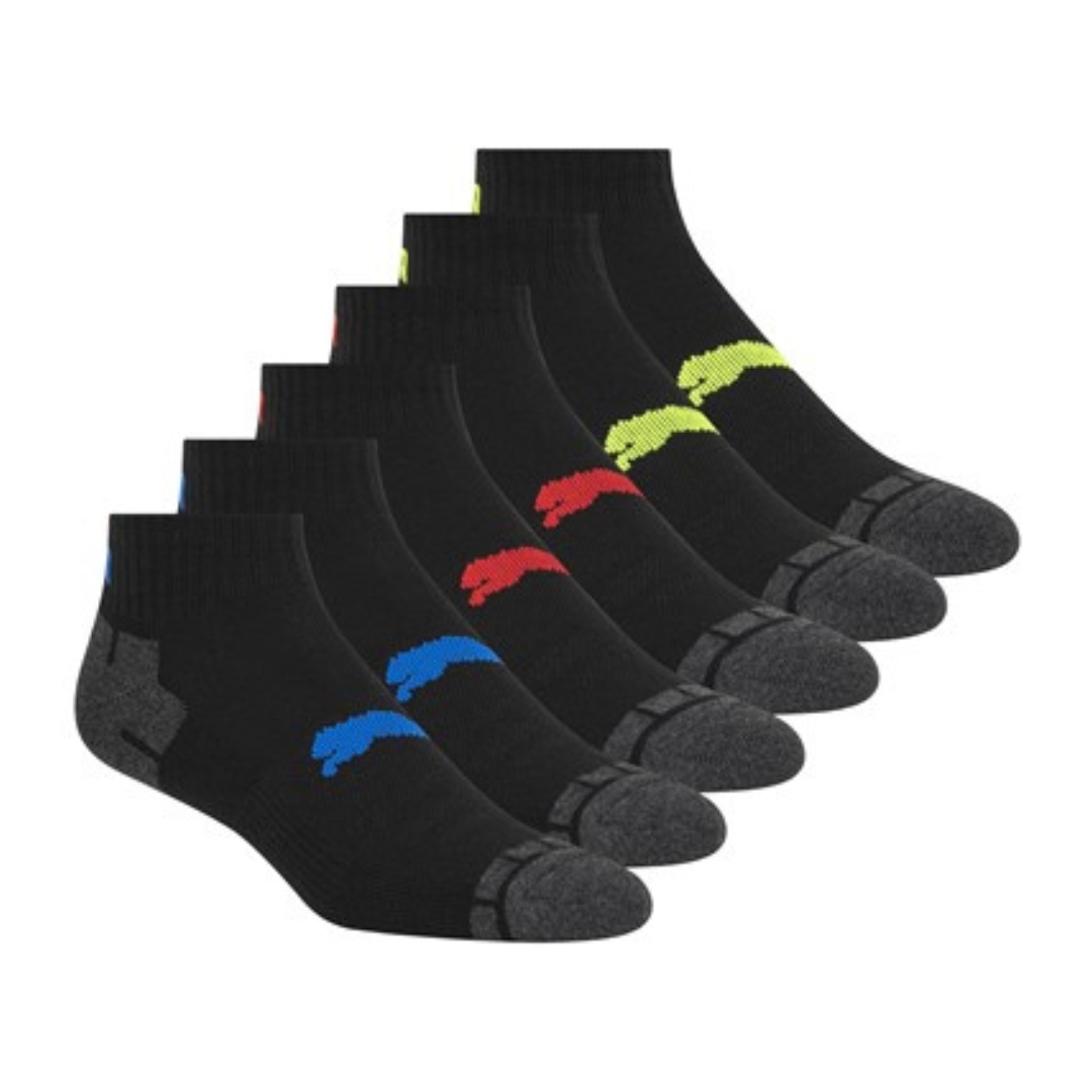 A set of six black ankle socks with gray toes and heels, featuring colored logos in blue, red, or yellow.
