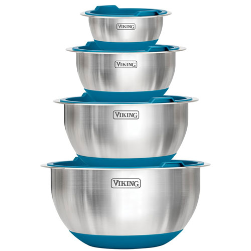 A set of stainless steel mixing bowls with blue non-slip bases and lids, marked with the brand \“Viking\“. The bowls are nested in four different sizes.