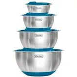 A set of stainless steel mixing bowls with blue non-slip bases and lids, marked with the brand \“Viking\“. The bowls are nested in four different sizes.