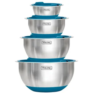 A set of stainless steel mixing bowls with blue non-slip bases and lids, marked with the brand \“Viking\“. The bowls are nested in four different sizes.