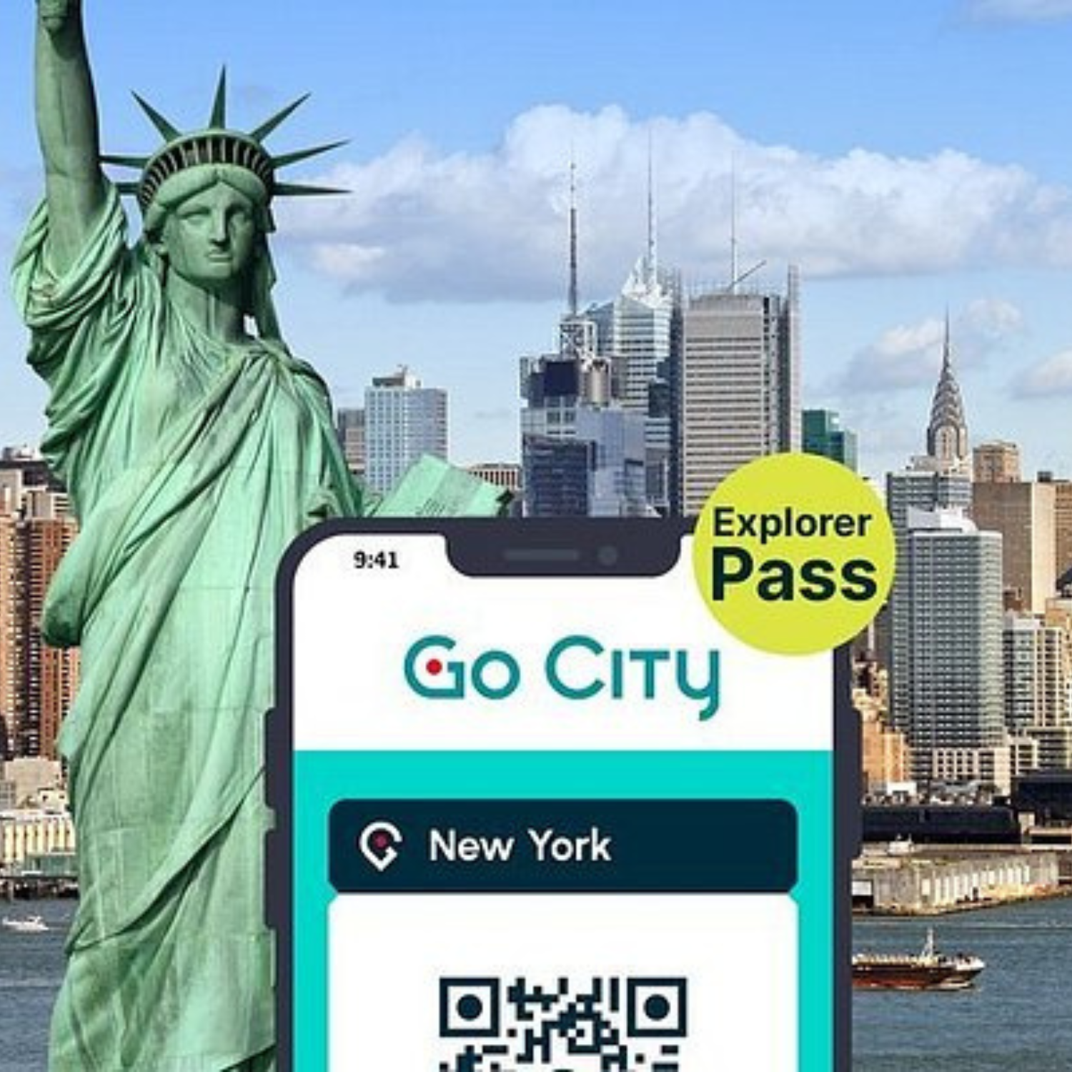 Go City Explorer Pass offers a discount for attractions and tours in New York City, featuring a mobile app interface with a barcode for QR scanning. The image includes the Statue of Liberty and the New York City skyline.