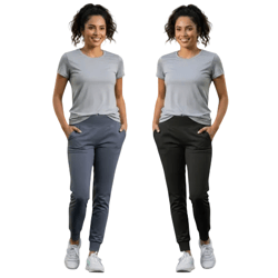 Two models are wearing casual gray t-shirts paired with jogger-style pants, one in blue and the other in black, complemented by white sneakers.