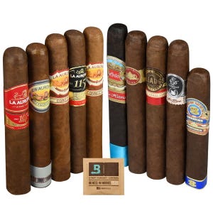 A collection of cigars with various labels and branding, including La Aurora, is displayed alongside a Boveda humidity control packet.