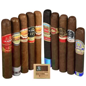 A collection of cigars with various labels and branding, including La Aurora, is displayed alongside a Boveda humidity control packet.