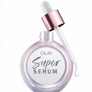 Olay Super Serum displayed with a dropper, featuring a sleek, iridescent bottle design.