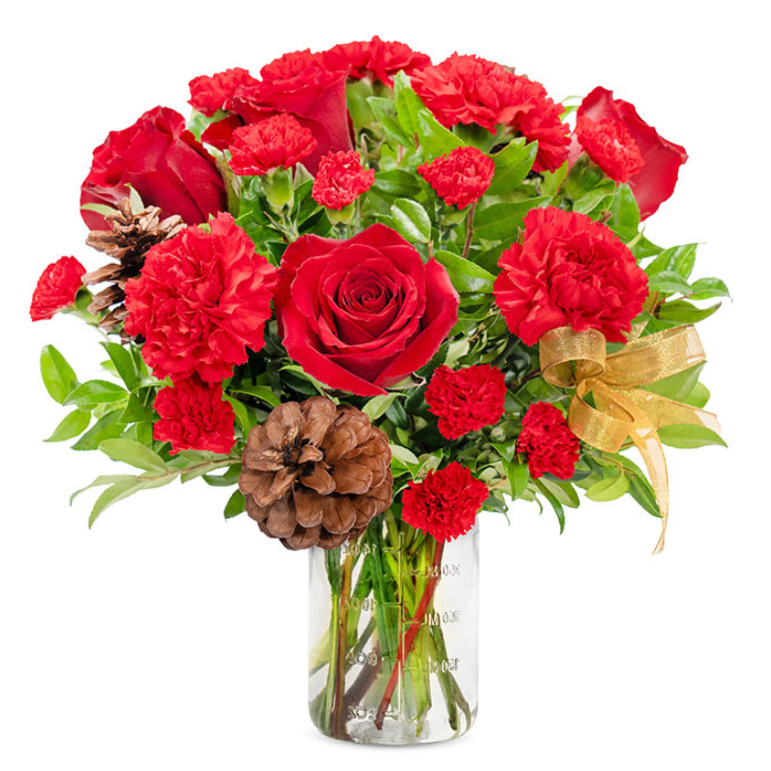 A bouquet of red roses and carnations in a clear vase, complemented by pinecones, greenery, and a gold ribbon.