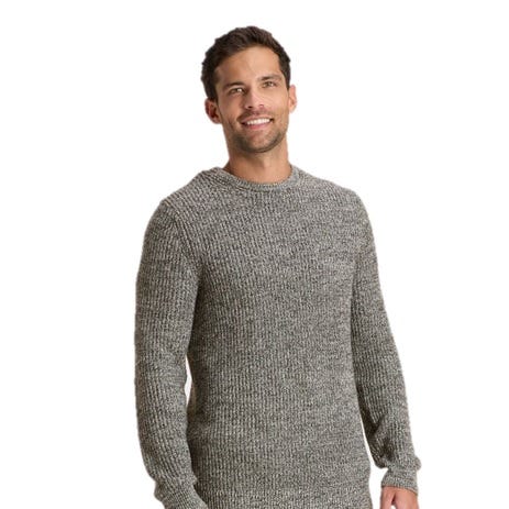 A man is wearing a gray knit sweater with a textured pattern and long sleeves.