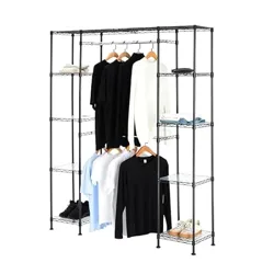A freestanding wire wardrobe with adjustable shelving and hanging rods, suitable for organizing clothes, shoes, and accessories. The structure features multiple shelves and hanging space for different clothing items.