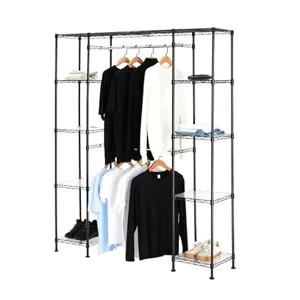 A freestanding wire wardrobe with adjustable shelving and hanging rods, suitable for organizing clothes, shoes, and accessories. The structure features multiple shelves and hanging space for different clothing items.