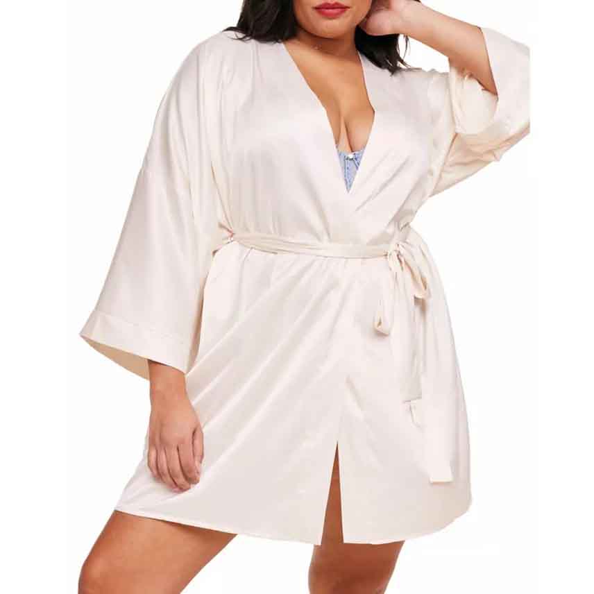 A plus-size robe in a light cream color with wide sleeves and a fabric tie belt, offering a relaxed fit and knee-length design.