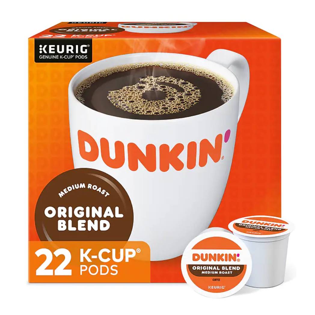 A box of Dunkin' Original Blend medium roast coffee K-Cup pods, containing 22 units.