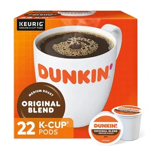 A box of Dunkin' Original Blend medium roast coffee K-Cup pods, containing 22 units.