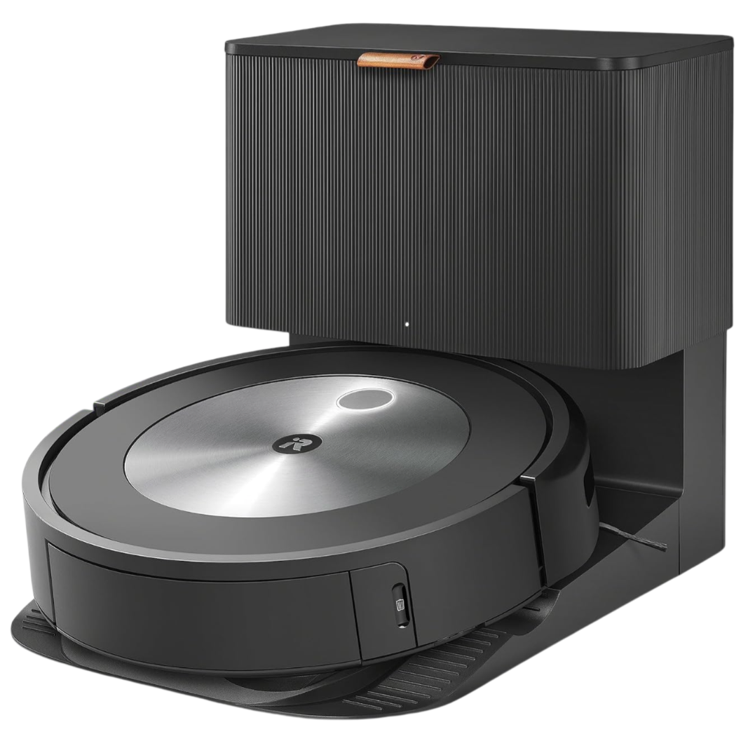 iRobot Roomba vacuum with a docking station and a smartphone displaying the company's app, indicating smart home integration capabilities.
