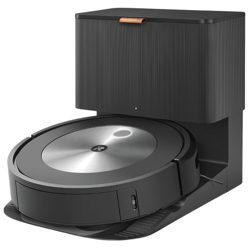 iRobot Roomba vacuum with a docking station and a smartphone displaying the company's app, indicating smart home integration capabilities.