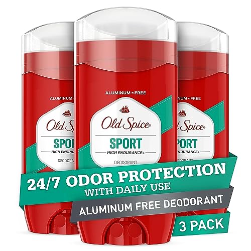 Old Spice Sport High Endurance Aluminum-Free Deodorant, 3-pack, offers 24/7 odor protection with daily use.