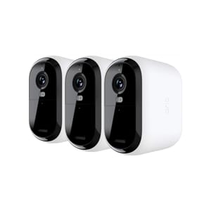 Three wireless security cameras with a sleek black and white design, featuring a round lens and compact, rounded rectangular bodies.