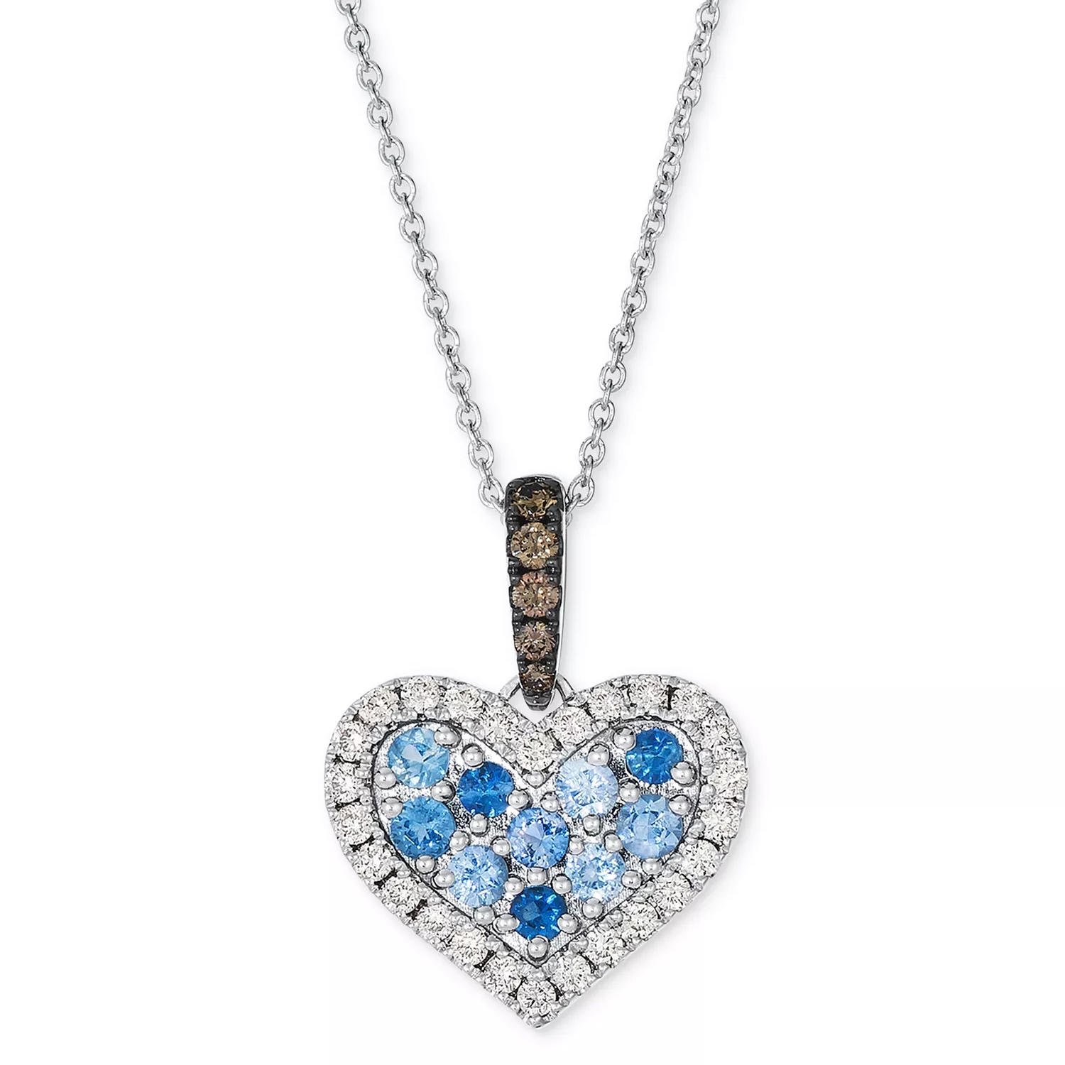 Heart-shaped pendant necklace with blue and white gemstones, set in silver; features a chain and a pavé gemstone bail.